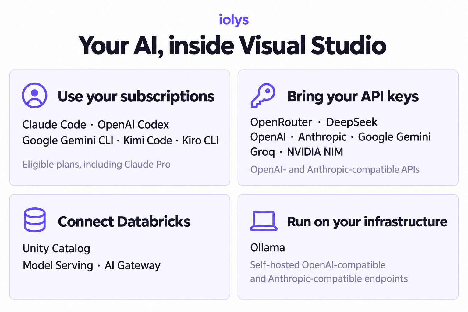 Supported providers: eligible subscriptions through Claude Code, OpenAI Codex, Google Gemini CLI, Kimi Code, and Kiro CLI; OpenCode Go subscription access; pay-as-you-go OpenCode Zen; APIs from OpenRouter, DeepSeek, OpenAI, Anthropic, Google Gemini, Groq, and NVIDIA NIM; Databricks Unity Catalog, Model Serving, and AI Gateway; Ollama and self-hosted OpenAI-compatible or Anthropic-compatible endpoints.