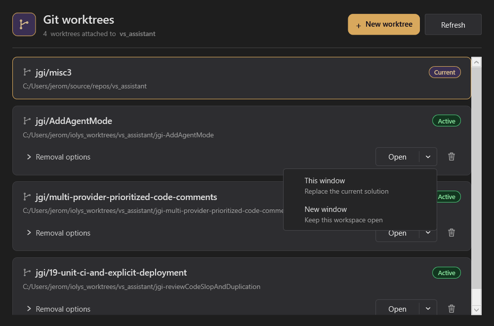 Manage isolated Git worktrees and open them in the current or a new Visual Studio window.